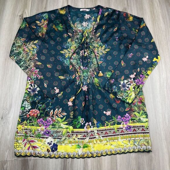 Johnny Was Tops - Johnny Was Women's Sami Silk Printed Pintuck Top Size M Medium Geometric Floral
